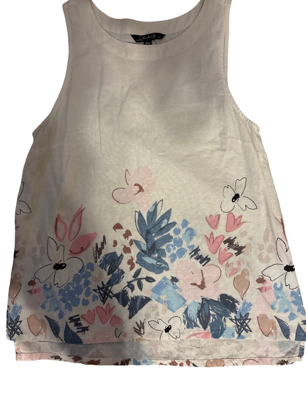 CHARLIE B Cream Floral Sleeveless Top with Blue and Pink Accents